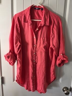 Lands' End Pink Button-Up Linen Shirt High Quality Large ❤️